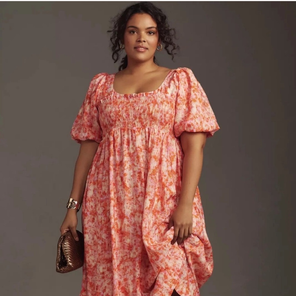 NEW Anthropologie Women Plus size 2X Smocked Babydoll Printed Midi Dress Orange